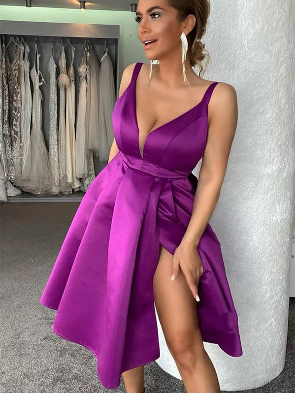 V Neck Purple Short Prom Homecoming Dresses with High Slit, Short Purp