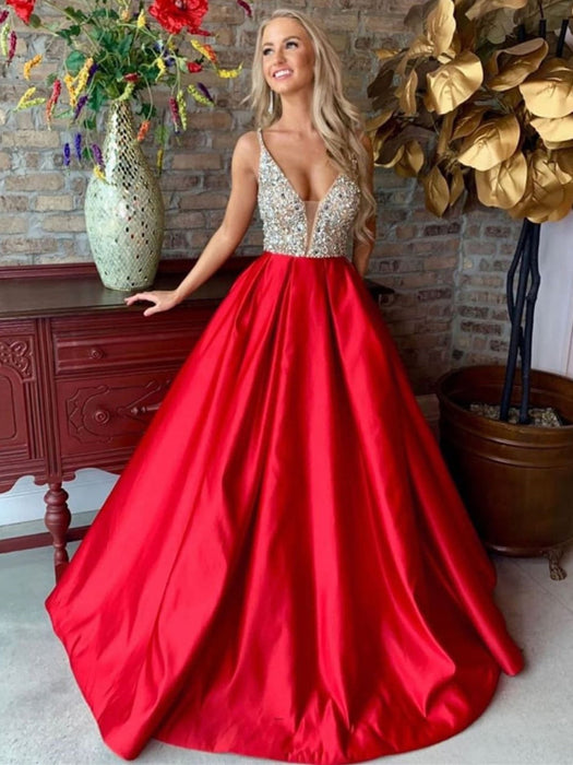 V Neck Red Long Prom Dresses 2020 with Silver Sequins, V Neck Red