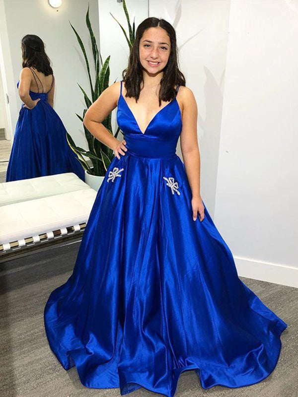 V Neck Backless Royal Blue Satin Long Prom Dress with Pocket, V Neck Royal Blue Formal Dress, Royal Blue Evening Dress main image 1