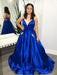 V Neck Royal Blue Satin Long Prom Dresses with Pocket, Royal Blue Formal Evening Dresses