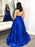 V Neck Royal Blue Satin Long Prom Dresses with Pocket, Royal Blue Formal Evening Dresses