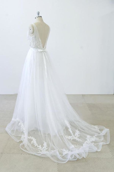 V-neck Ruffle Applqiues Tulle A-line Wedding Dress - Wedding Dresses