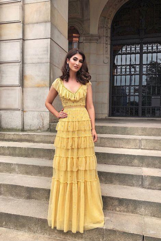 long yellow ruffle dress V Neck Ruffles Tulle Prom Stirling Weathered White Flat a deep plunge neckline Style:63835J05 Size:9-12months
