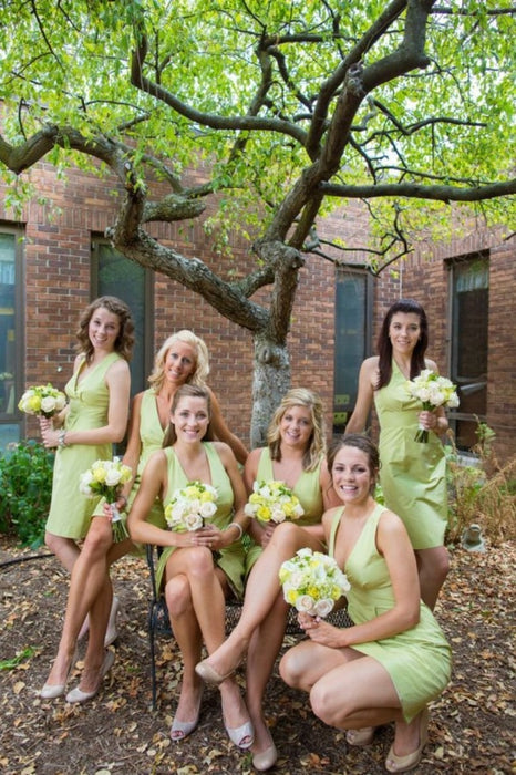 V-Neck Sage Simple Sheath Knee Length Bridesmaid Dresses Cute Dresses - Bridesmaid Dresses