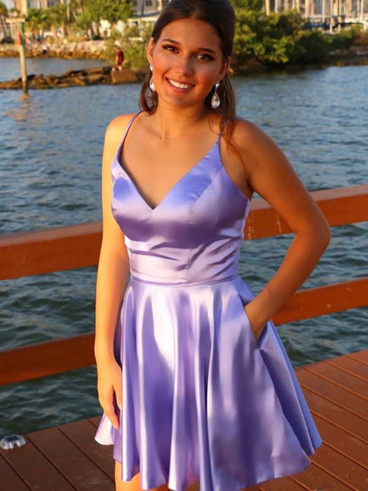 V Neck Short Purple Prom Dresses with Pocket, Lilac Homecoming Dresses Bridelily V Neck Short Purple Prom Dresses with Pocket, Lilac Homecoming Dresses Bridelily