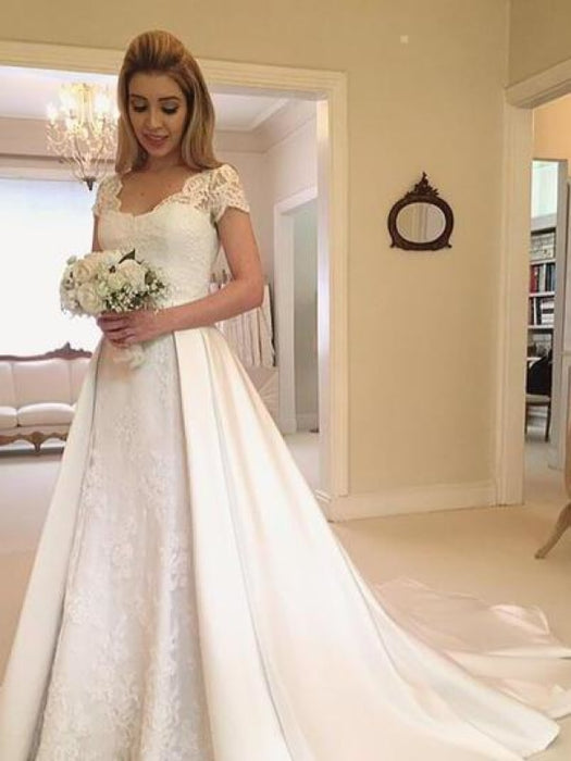 V-Neck Short Sleeve Lace Satin A-Line Wedding Dresses - Ivory / Floor Length - wedding dresses