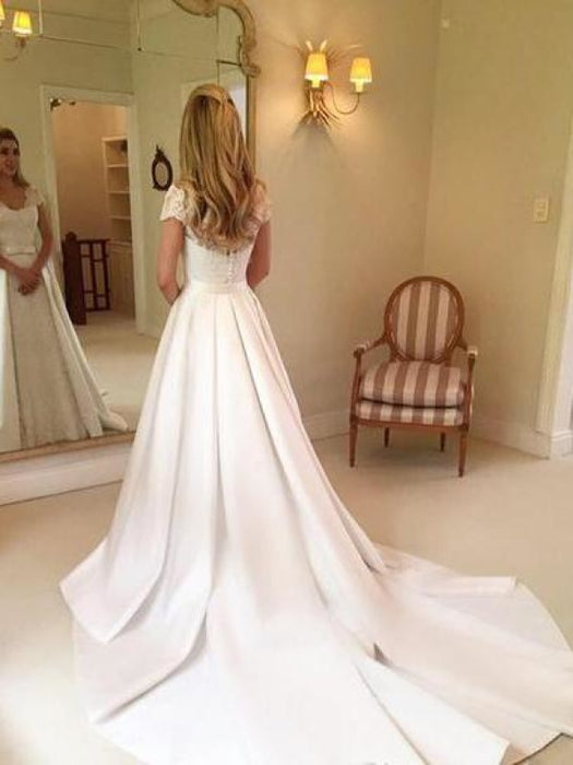 V-Neck Short Sleeve Lace Satin A-Line Wedding Dresses - wedding dresses