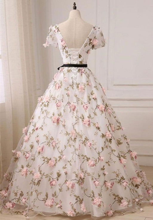 V Neck Short Sleeves 3D Flowers Long Prom Dresses, V Neck Graduation Dresses, Formal Dresses, V Neck Short Sleeves Evening Dresses