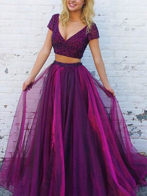 V-Neck Short Sleeves Floor-Length With Beading Tulle Two Piece Dresses - Prom Dresses