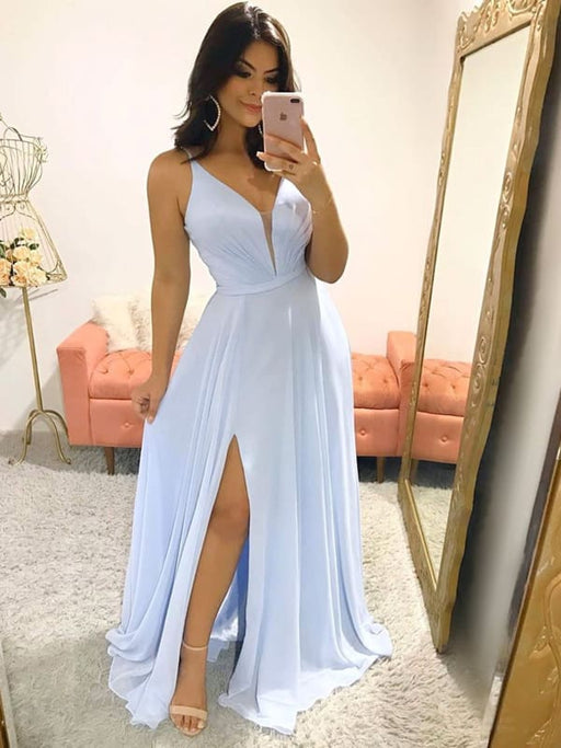 V Neck Sky Blue Long Prom Dresses, Sky Blue Long Formal Bridesmaid Dresses
