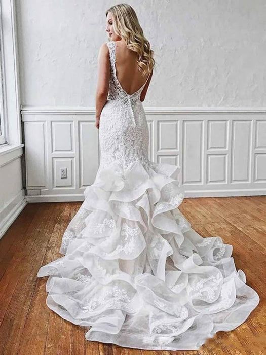 V Neck Sleeveless Backless Covered Button Mermaid Wedding Dresses - wedding dresses