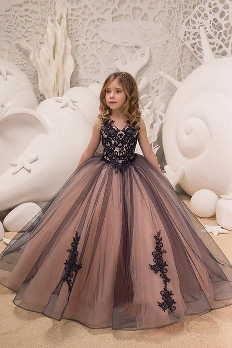 V-Neck Sleeveless Ball Gown Flower Girls Dress-Bridelily V-Neck Sleeveless Ball Gown Flower Girls Dress-Bridelily