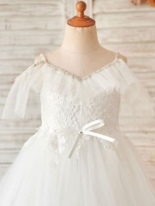 Flower Girl Dresses V-Neck Sleeveless Beaded Kids Social Party Lace Dresses