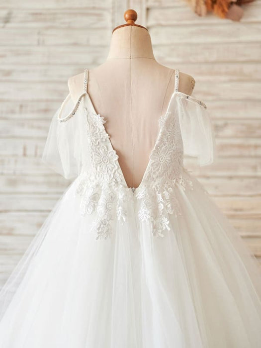 Flower Girl Dresses V-Neck Sleeveless Beaded Kids Social Party Lace Dresses