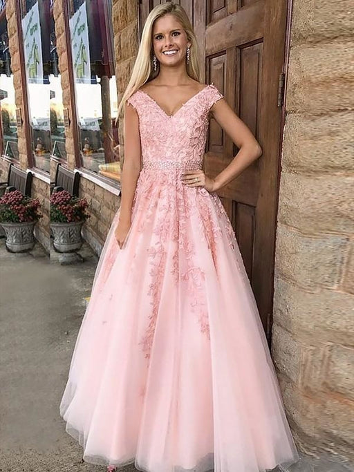 V-Neck Sleeveless Floor-Length A-line With Applique Tulle Dresses - Prom Dresses