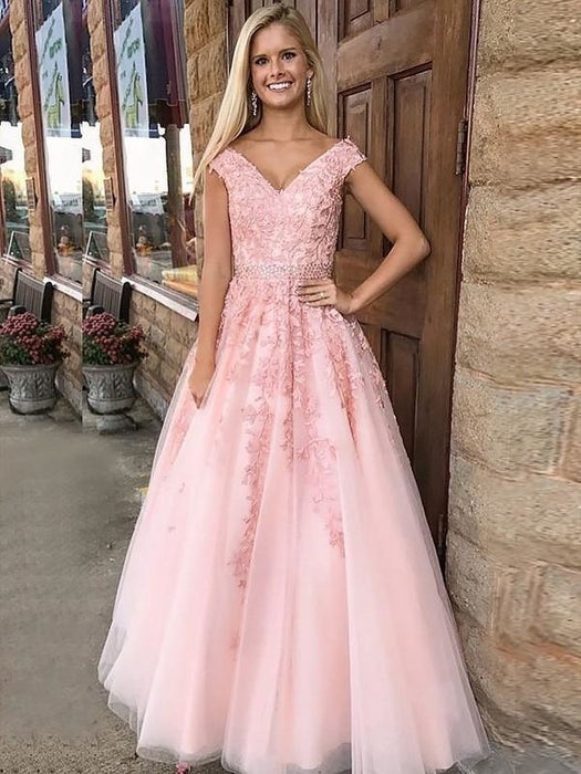 V-Neck Sleeveless Floor-Length A-line With Applique Tulle Dresses - Prom Dresses