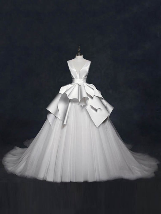 V-Neck Sleeveless Lace-up Ball Gown Wedding Dresses - Ivory / Floor Length - wedding dresses