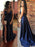 V Neck tti Straps Backless Satin Navy Blue Prom Dresses with Slit, Navy Blue Formal Dresses, Evening Dresses
