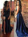 V Neck tti Straps Backless Satin Navy Blue Prom Dresses with Slit, Navy Blue Formal Dresses, Evening Dresses