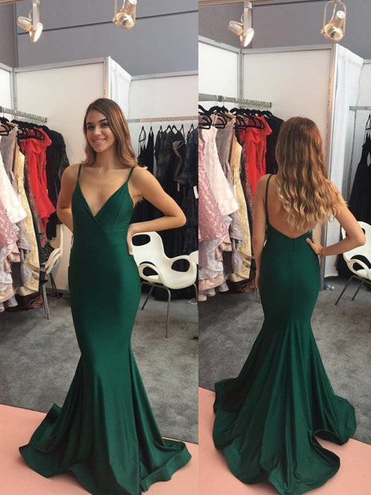 V Neck tti Straps Mermaid Backless Satin Emerald Green Long Prom Dresses, Emerald Green Formal Dresses, Evening Dresses