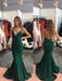 V Neck tti Straps Mermaid Backless Satin Emerald Green Long Prom Dresses, Emerald Green Formal Dresses, Evening Dresses