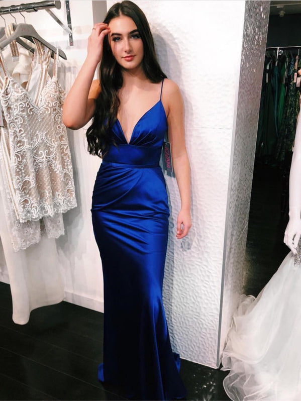 Regal Sapphire Spaghetti Straps V-Neck Backless Mermaid Prom Gown