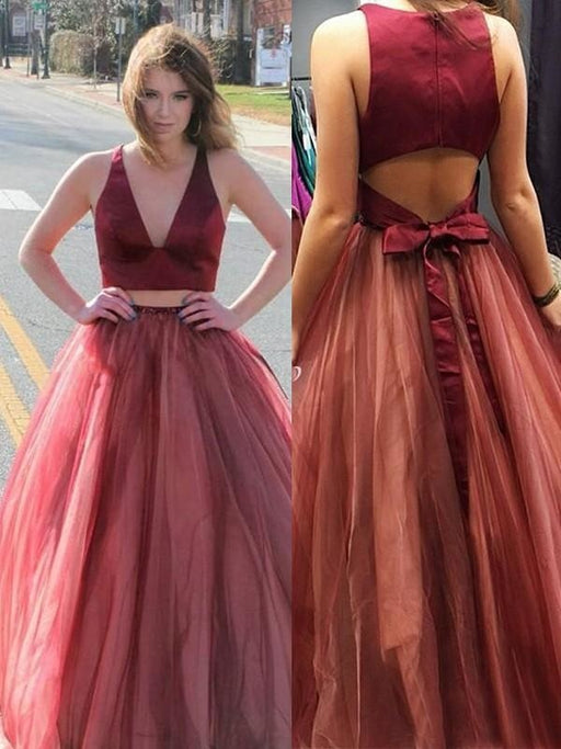 V-Neck Sweep/Brush Train With Ruffles Tulle Two Piece Dresses - Prom Dresses