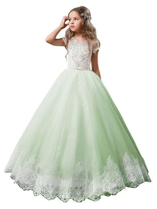 Flower Girl Dresses V-Neck Tulle Short Sleeves Ankle Length Ball Gown Bows Kids Pageant Dresses