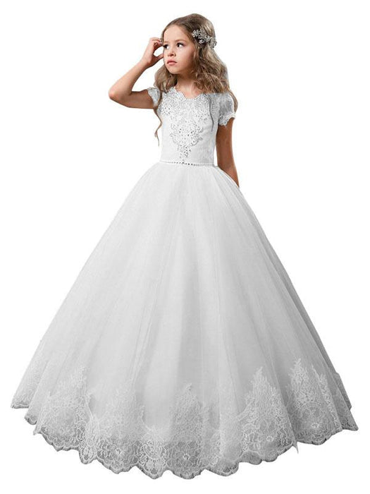 Flower Girl Dresses V-Neck Tulle Short Sleeves Ankle Length Ball Gown Bows Kids Pageant Dresses