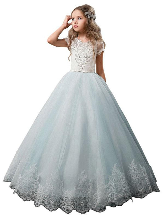 Flower Girl Dresses V-Neck Tulle Short Sleeves Ankle Length Ball Gown Bows Kids Pageant Dresses