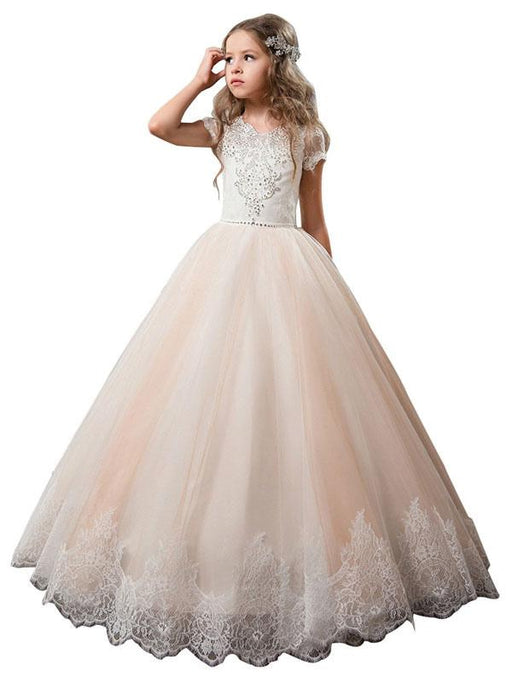 Flower Girl Dresses V-Neck Tulle Short Sleeves Ankle Length Ball Gown Bows Kids Pageant Dresses