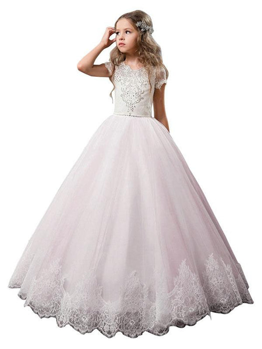 Flower Girl Dresses V-Neck Tulle Short Sleeves Ankle Length Ball Gown Bows Kids Pageant Dresses