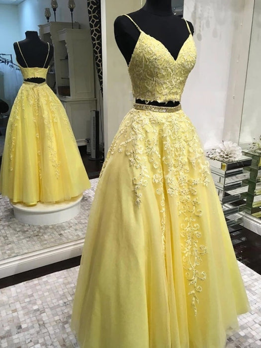 V Neck Two Pieces Backless Beaded Yellow Lace Long Prom Dresses, 2 Pieces Lace Yellow Formal Dresses, 2 Pieces Backless Yellow Evening Dresses