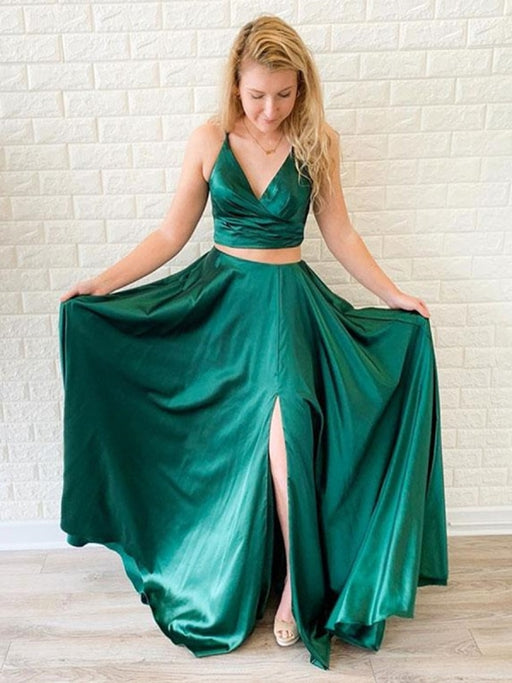 V Neck Two Pieces Backless Green Prom Dresses with Leg  Two Pieces Backless Green Formal Graduation Evening Dresses