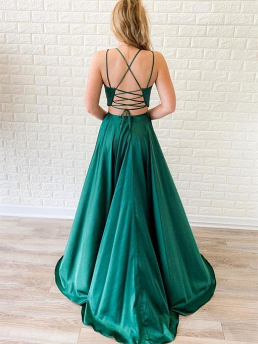 V Neck Two Pieces Backless Green Prom Dresses with Leg  Two Pieces Backless Green Formal Graduation Evening Dresses