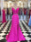 V Neck Two Pieces Mermaid Lace Satin Fuchsia Prom Dresses with Leg Slit, Fuchsia Mermaid Formal Dresses, Fuchsia Lace Evening Dresses