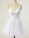 V Neck White Lace Tulle Short Prom Homecoming Dresses, White Lace Formal Graduation Evening Dresses 