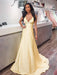 V Neck Yellow Satin Long Prom Dresses, Long Yellow Formal Graduation Evening Dresses