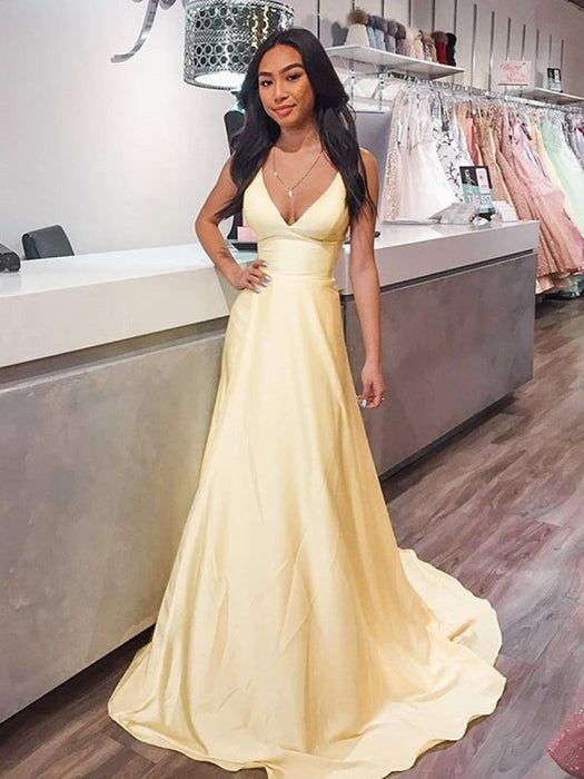 V Neck Yellow Satin Aline Prom Dress Sleeveless Bridelily V Neck Yellow Satin Aline Prom Dress Sleeveless Bridelily