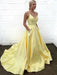 V Neck Yellow Satin Long Prom Dresses with Pockets, Thin Strap Yellow Formal Dresses, Yellow Evening Dresses