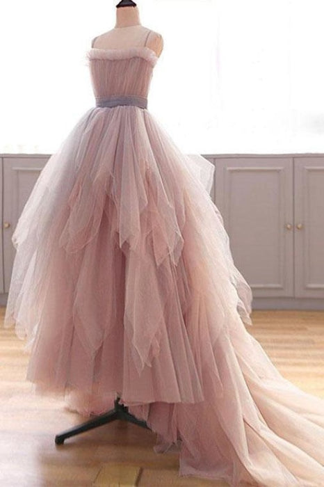 Vintage A Line Spaghetti Straps Blush Prom Puffy Ruffles Party Dresses - Prom Dresses