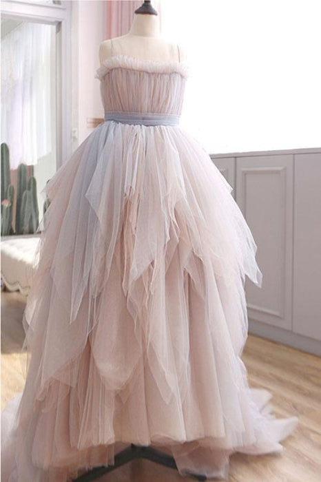 Vintage A Line Spaghetti Straps Blush Prom Puffy Ruffles Party Dresses - Prom Dresses