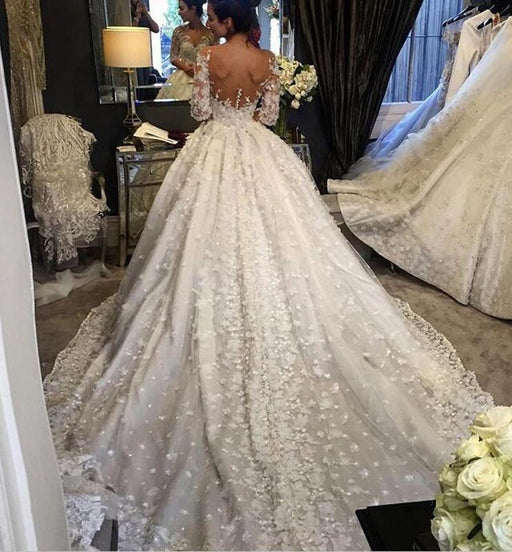 Vintage Appliqued Half Sleeve Flowers Ball Gown Luxury Tulle Wedding Dress - Wedding Dresses