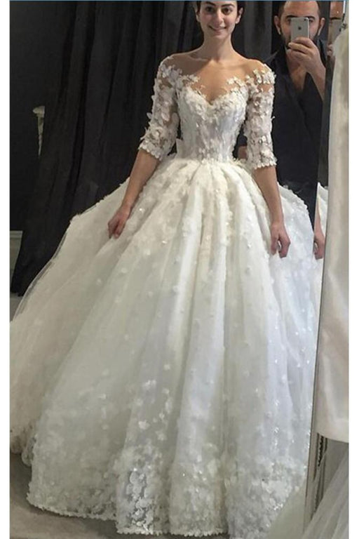 Vintage Appliqued Half Sleeve Flowers Ball Gown Luxury Tulle Wedding Dress - Wedding Dresses
