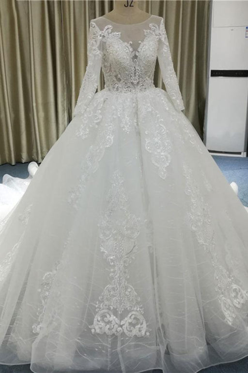 Vintage Appliques Long Sleeve Tulle Wedding Dress - Wedding Dresses