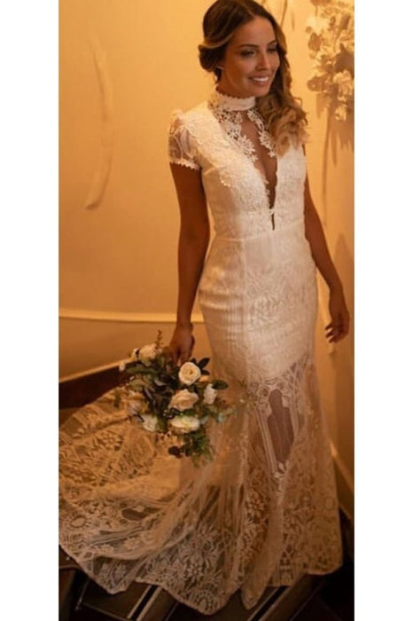 Vintage High Neck Lace Short Sleeve Wedding Dress - Wedding Dresses