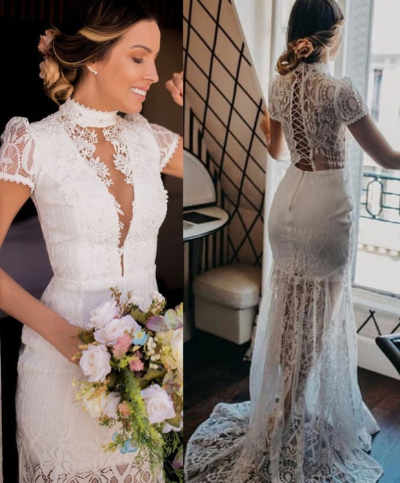 Vintage High Neck Lace Short Sleeve Wedding Dress - Wedding Dresses