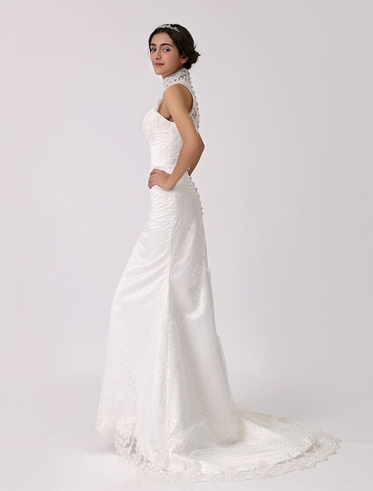 Vintage Inspired Illusion Neck Sheath/Column Wedding Dress with Lace Overlay misshow