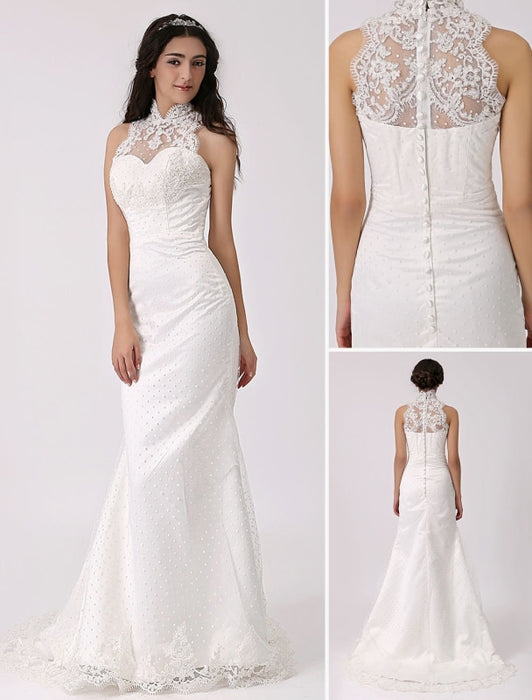 Vintage Inspired Illusion Neck Sheath/Column Wedding Dress with Lace Overlay misshow