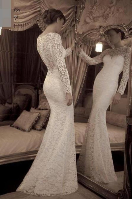 Vintage Ivory Lace Wedding Dress Long Sleeves Trumpet